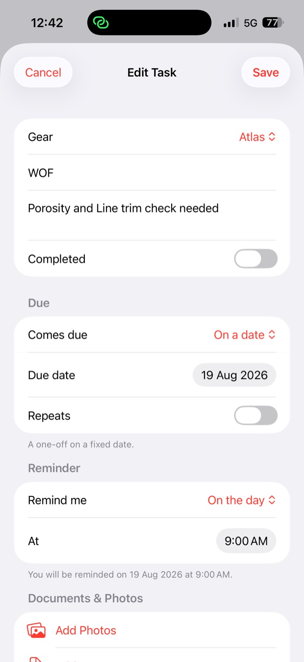 Maintenance task screen